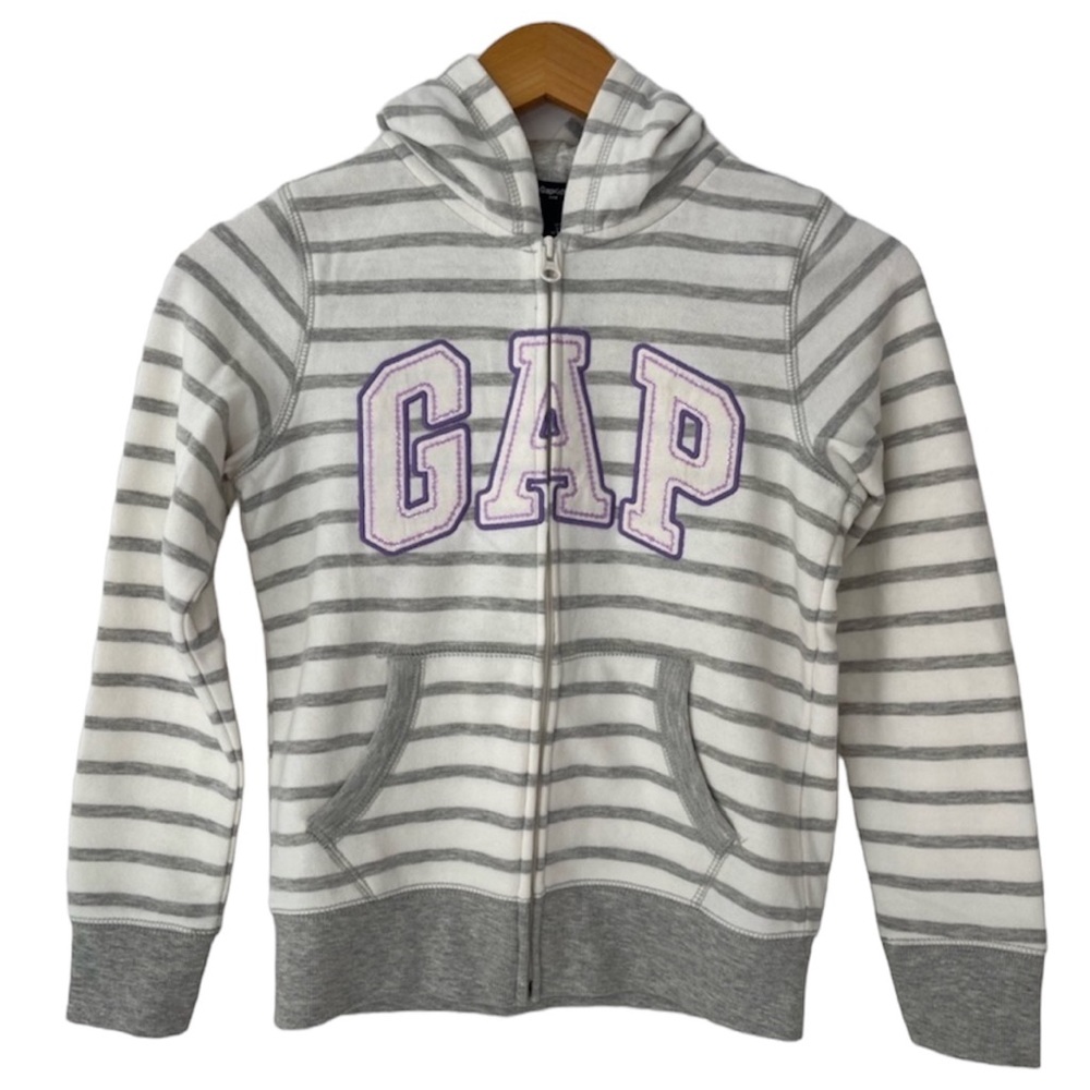 GAPkid Hooded Sweatshirt Gray & White Stripe Purple Sequin NWT Girls Size Medium